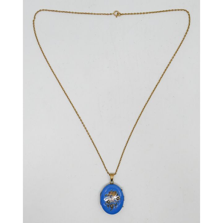 Victorian 14k Enameled Bird Locket Pendant Necklace 1.5'' - 11 Grams TW