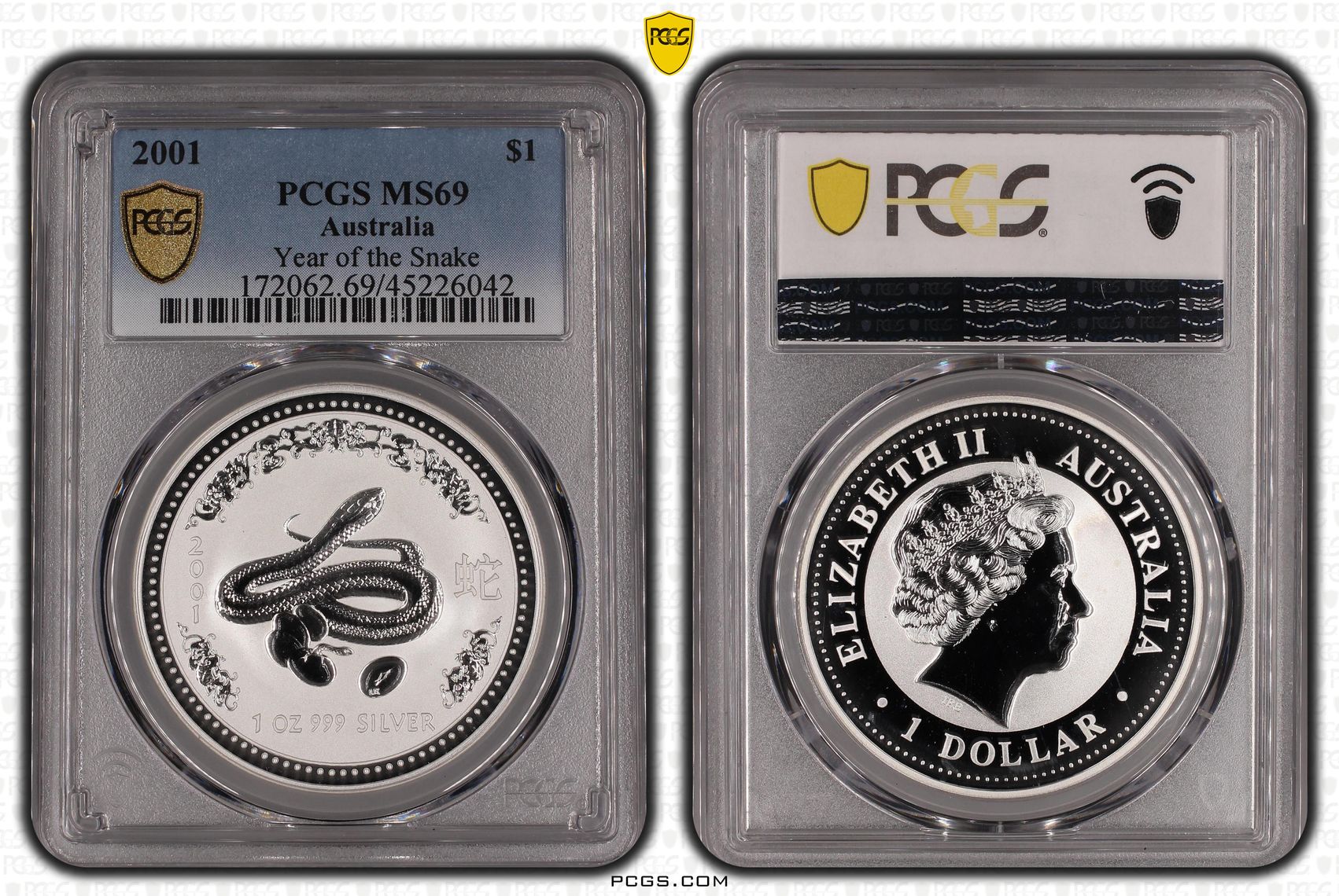 2001 Australia One Dollar, $1 Year of the Snake PCGS - MS69 -042