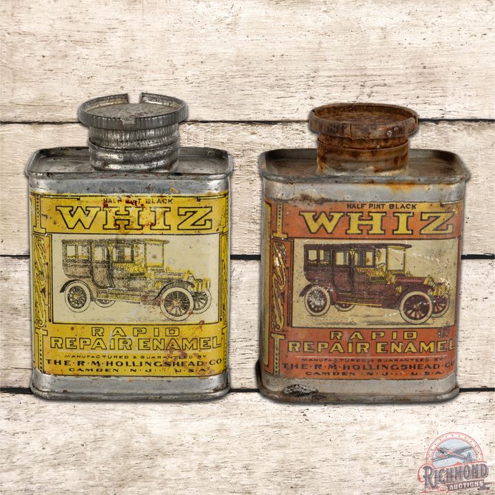 Lot of 2 Whiz Rapid Repair Enamel Metal Cans w/ Automobiles