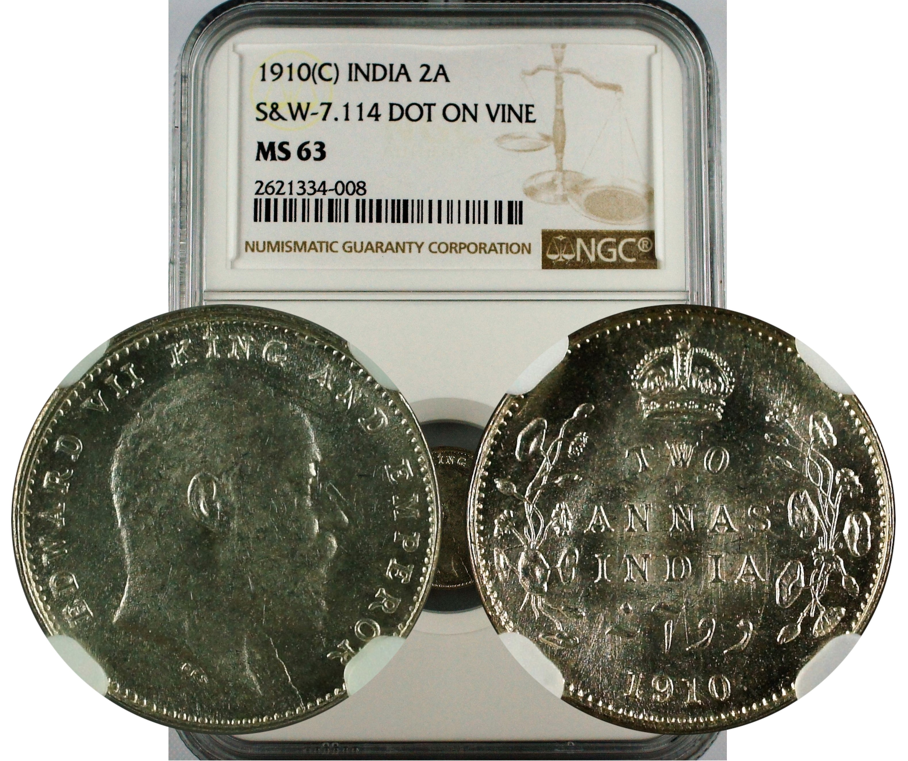 India British 1910 C 2 Anna NGC MS63 
