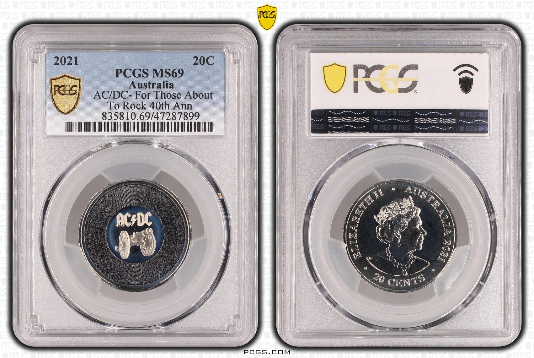 Elizabeth II, AC/DC- For Those About To Rock, Twenty Cent, 2021, PCGS MS69