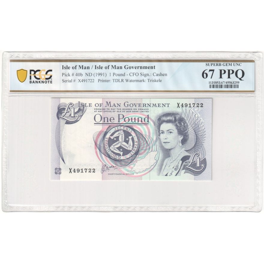 Isle of Man, Elizabeth II, Isle of Man Government, TDLR, CFO Sign.: Cashen, Wmk: Triskele, 1 Pound, ND (1991), PCGS - Superb Gem UNC 67 PPQ