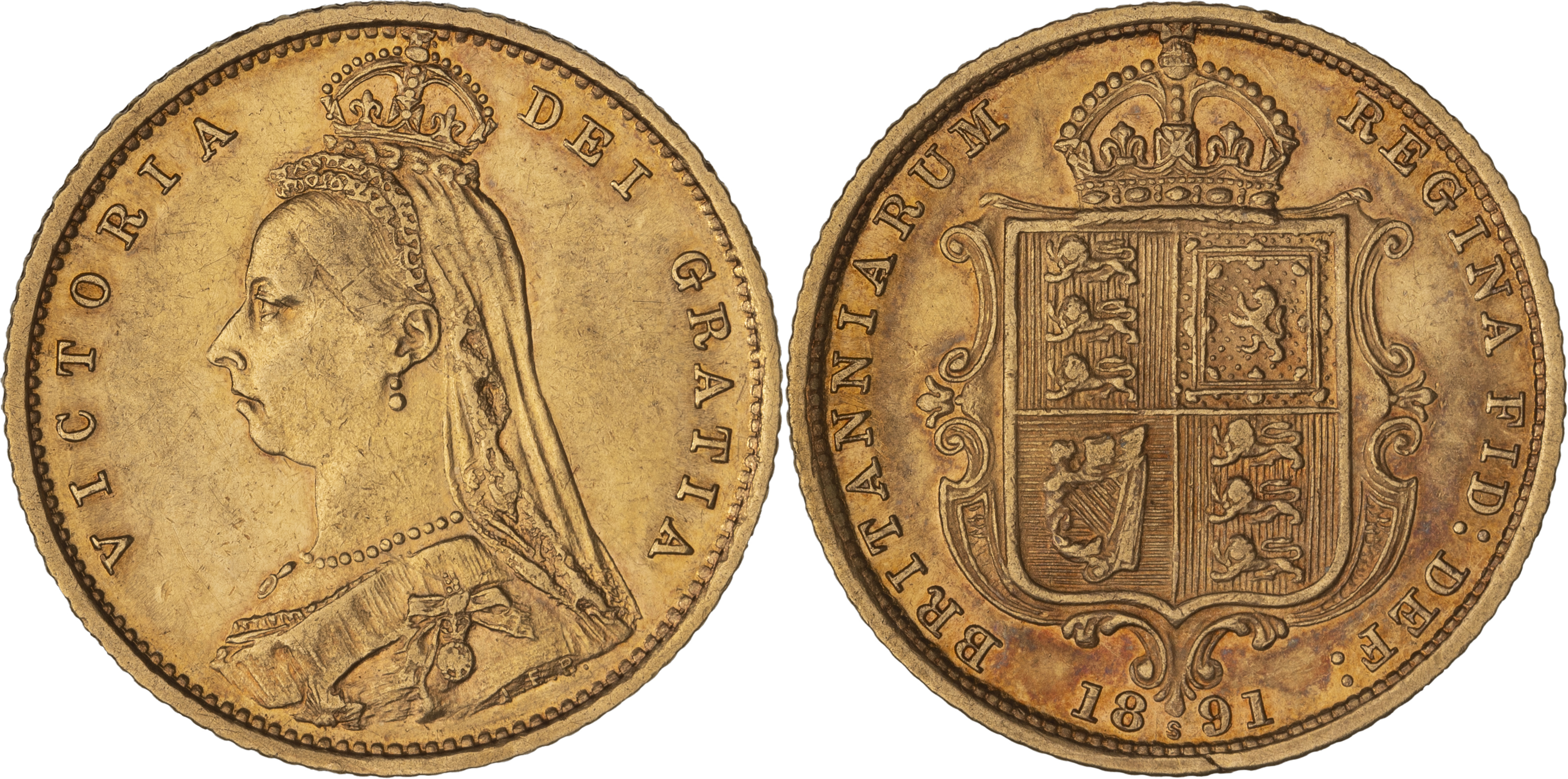 Victoria, Shield Reverse - Jubilee Head, Half Sovereign, 1891-S, aEF