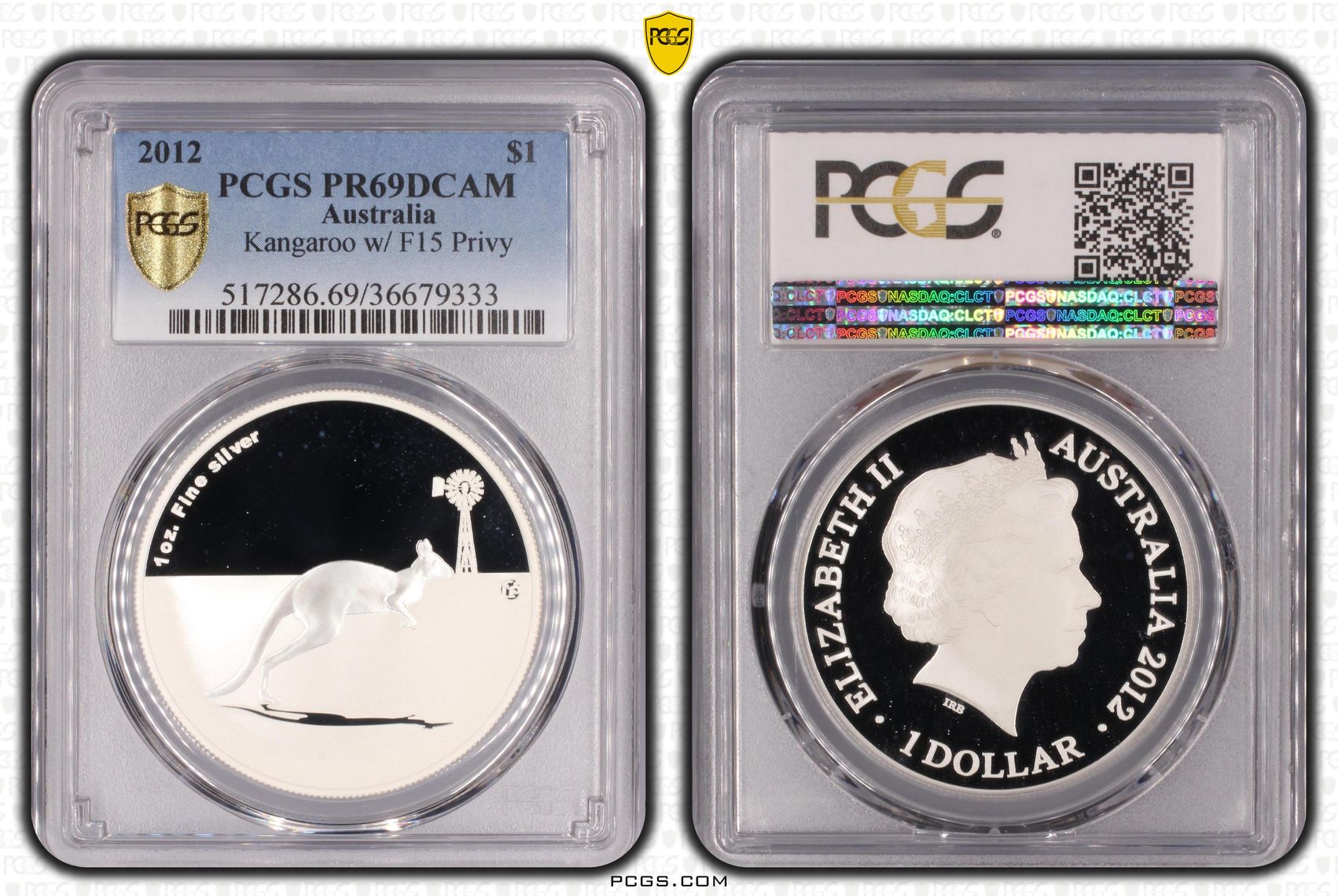 2012 Australia One Dollar, $1 Proof Kangaroo w/ F15 Privy PCGS - PR69DCAM -333