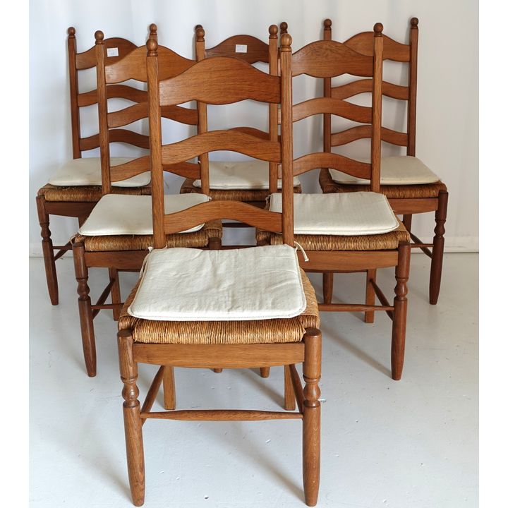 SET OF 6 RUSH SEAT OAK DINING CHAIRS