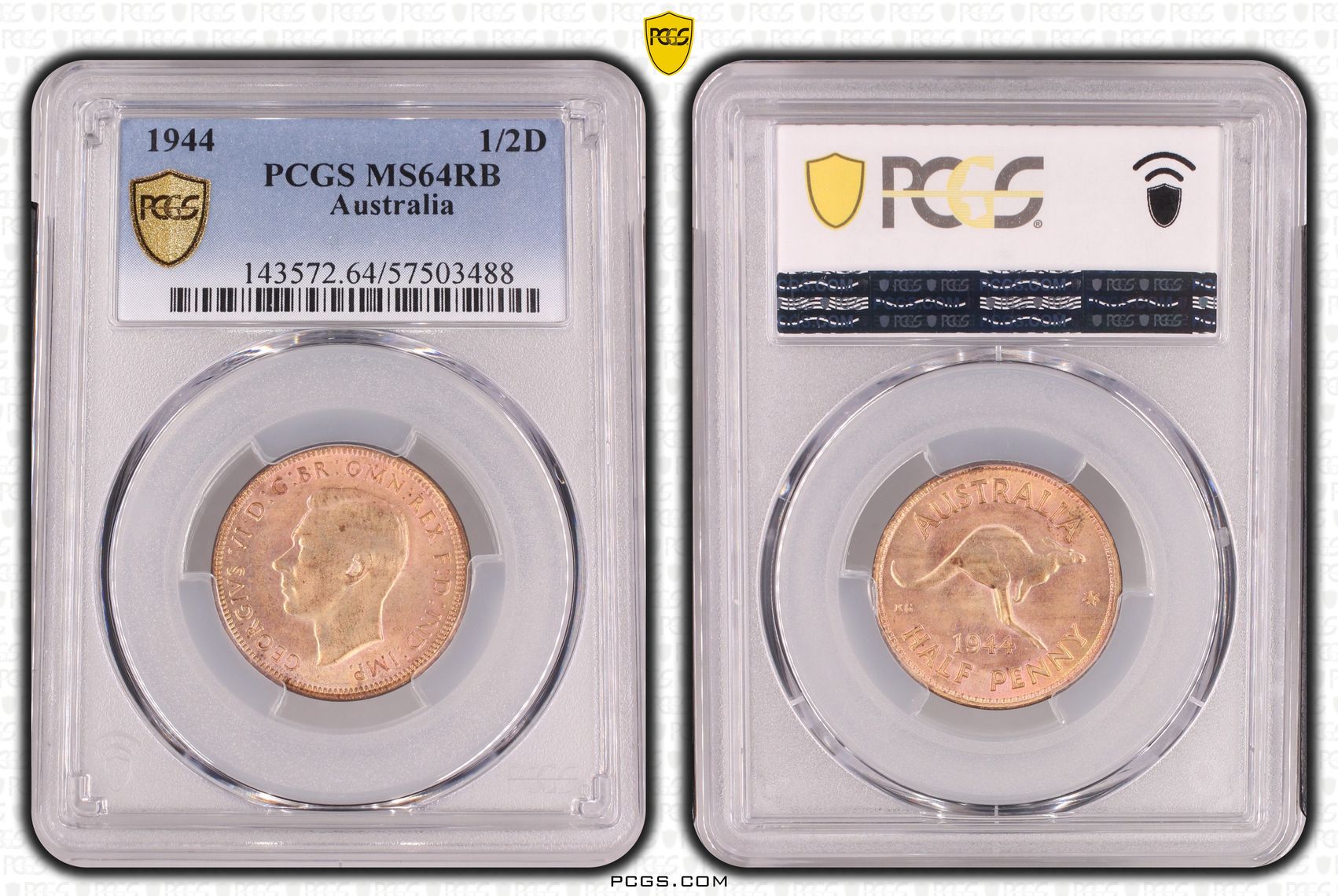 13/0, Halfpenny, 1944, PCGS MS64RB