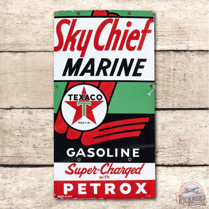 1958 Texaco White T Sky Chief Marine Gasoline w/ Petrox (Large) Porcelain Sign