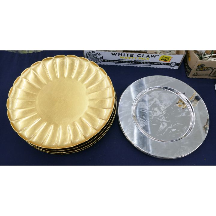 8pc Gold Lacquered and Silverplate Chargers- 12'' and 13''