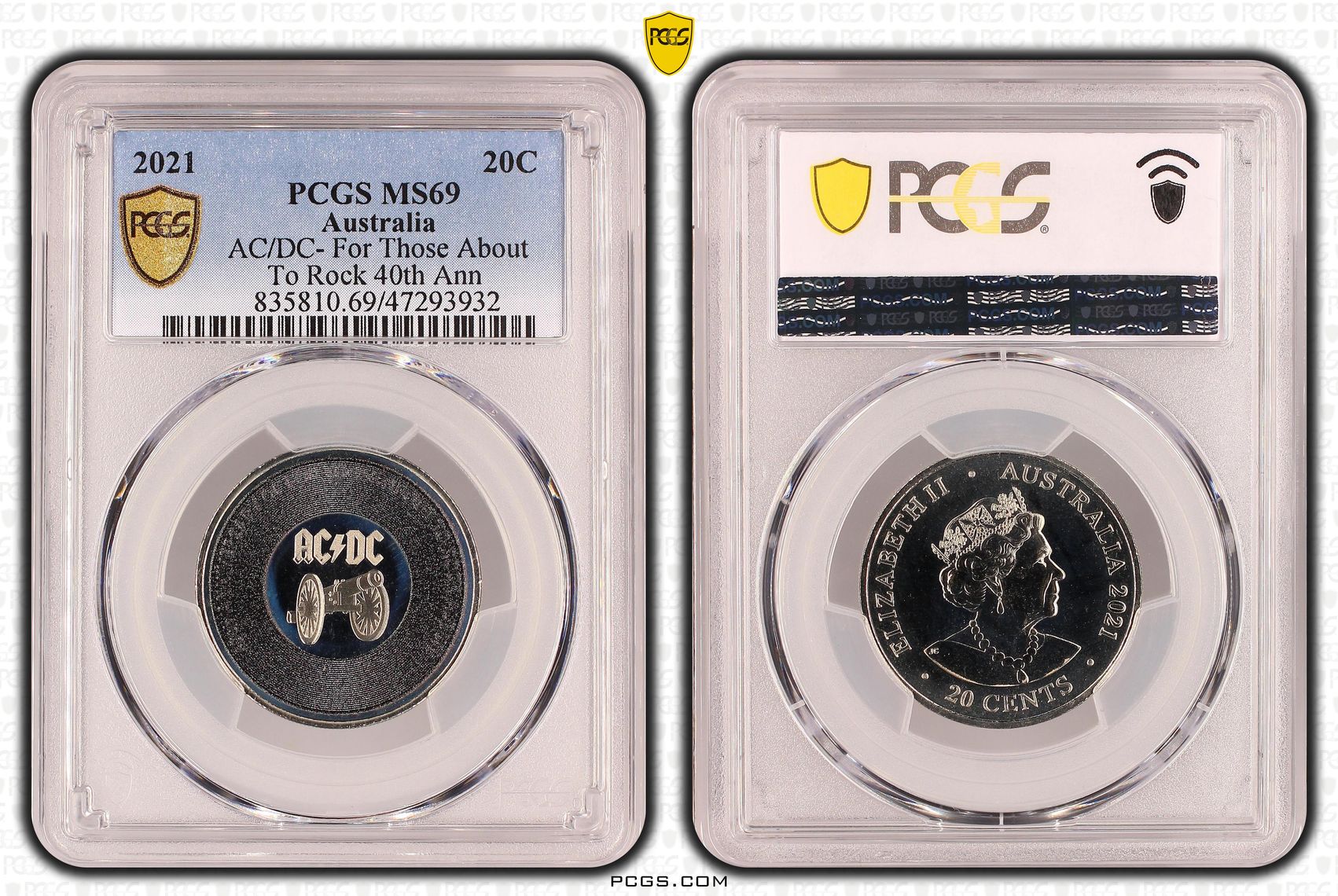 Elizabeth II, AC/DC- For Those About To Rock, Twenty Cent, 2021, PCGS MS69