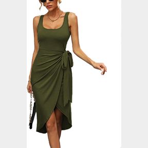 WOMEN'S SUMMER TANK DRESSES SLEEVELESS WRAP FRONT TIE WAIST BODYCON RUCHED ASYMMETRICAL HEM MIDI DRESS -L