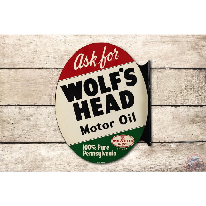 NOS 1954 Ask for Wolf's Head Motor Oil Tin Flange Sign