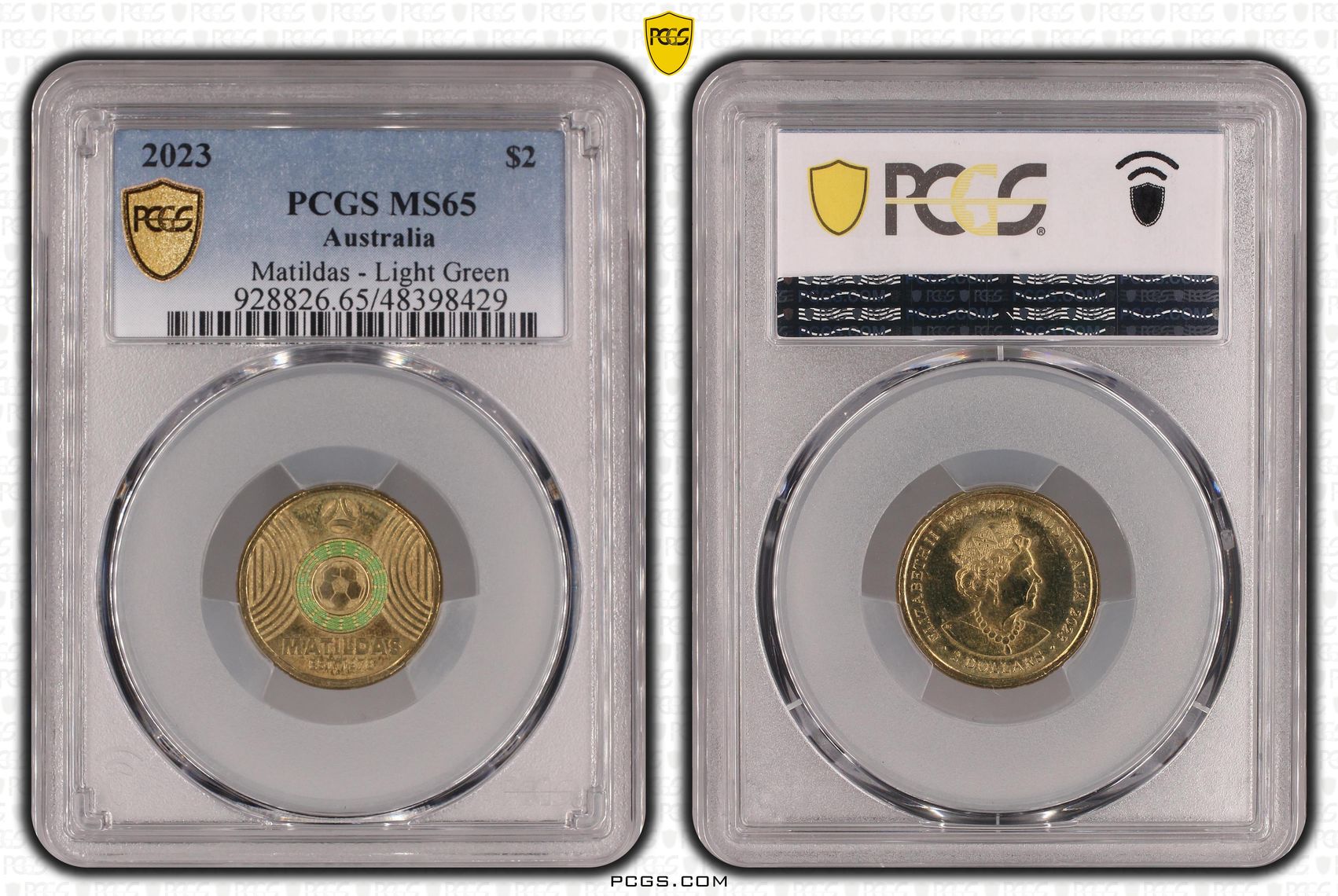 Elizabeth II, Matildas - Light Green, Two Dollar, 2023, PCGS MS65