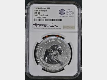 2024 LION & EAGLE SILVER 2 POUND (34TH COIN STRUCK AND SIGNED BY DAN THOMAS) MS69