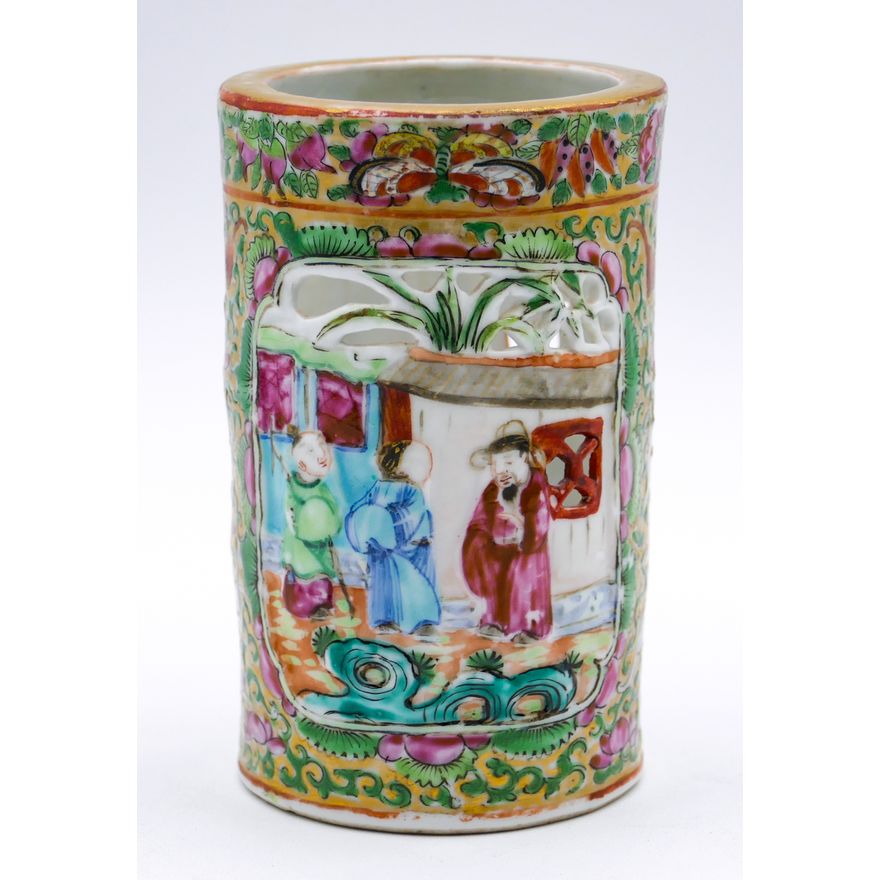 Antique Chinese Rose Mandarin Brush Pot 4''