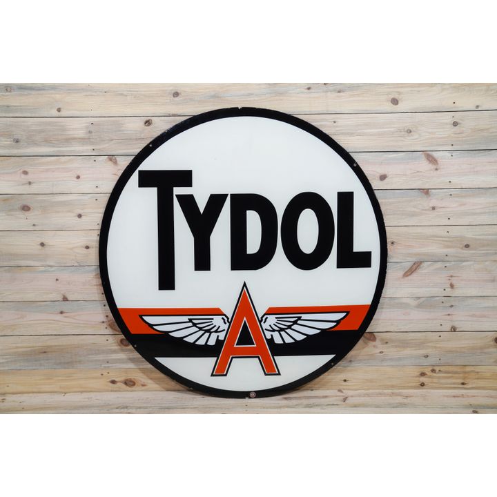 48" Rare Tydol w/ Flying A Logo & Orange Stripe Double Sided Porcelain Sign TAC 9.25