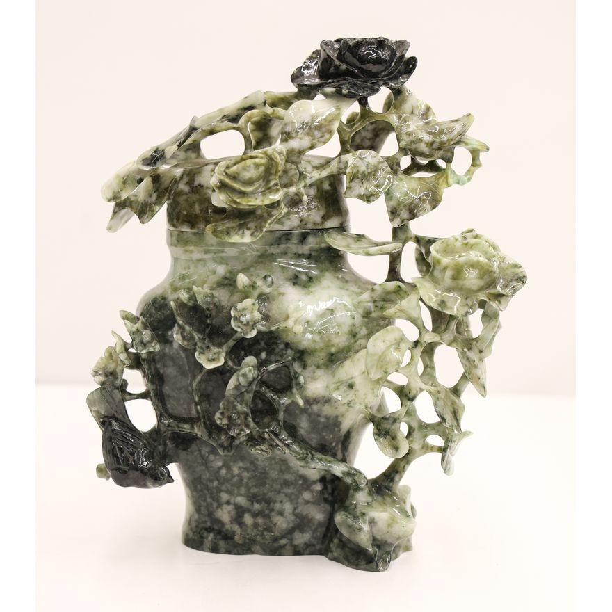 Chinese Jade Bird and Flower Covered Vase