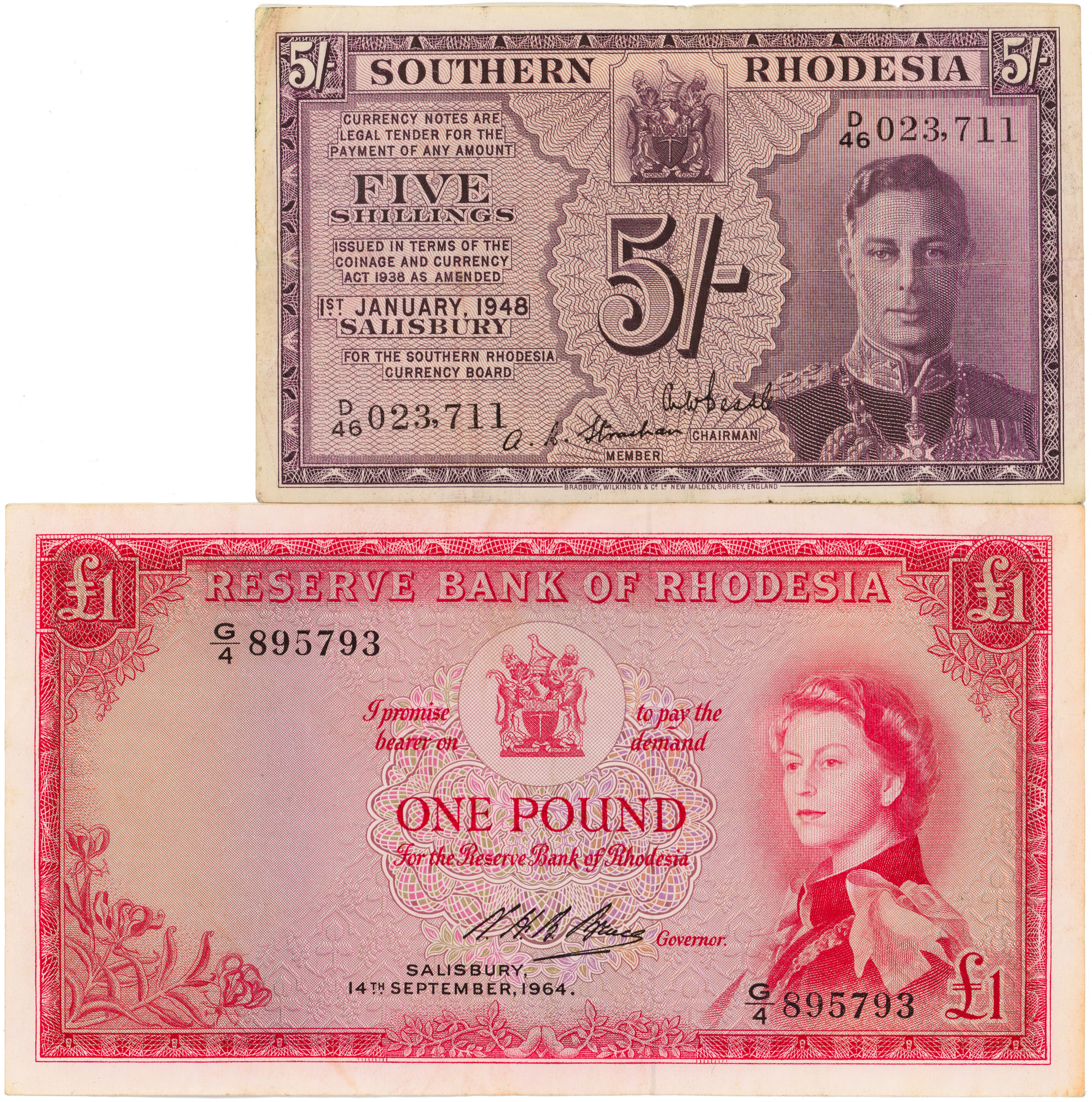 Rhodesia, George VI - Elizabeth II, Five Shillings - One Pound, 1948 - 1964, aF -aVF