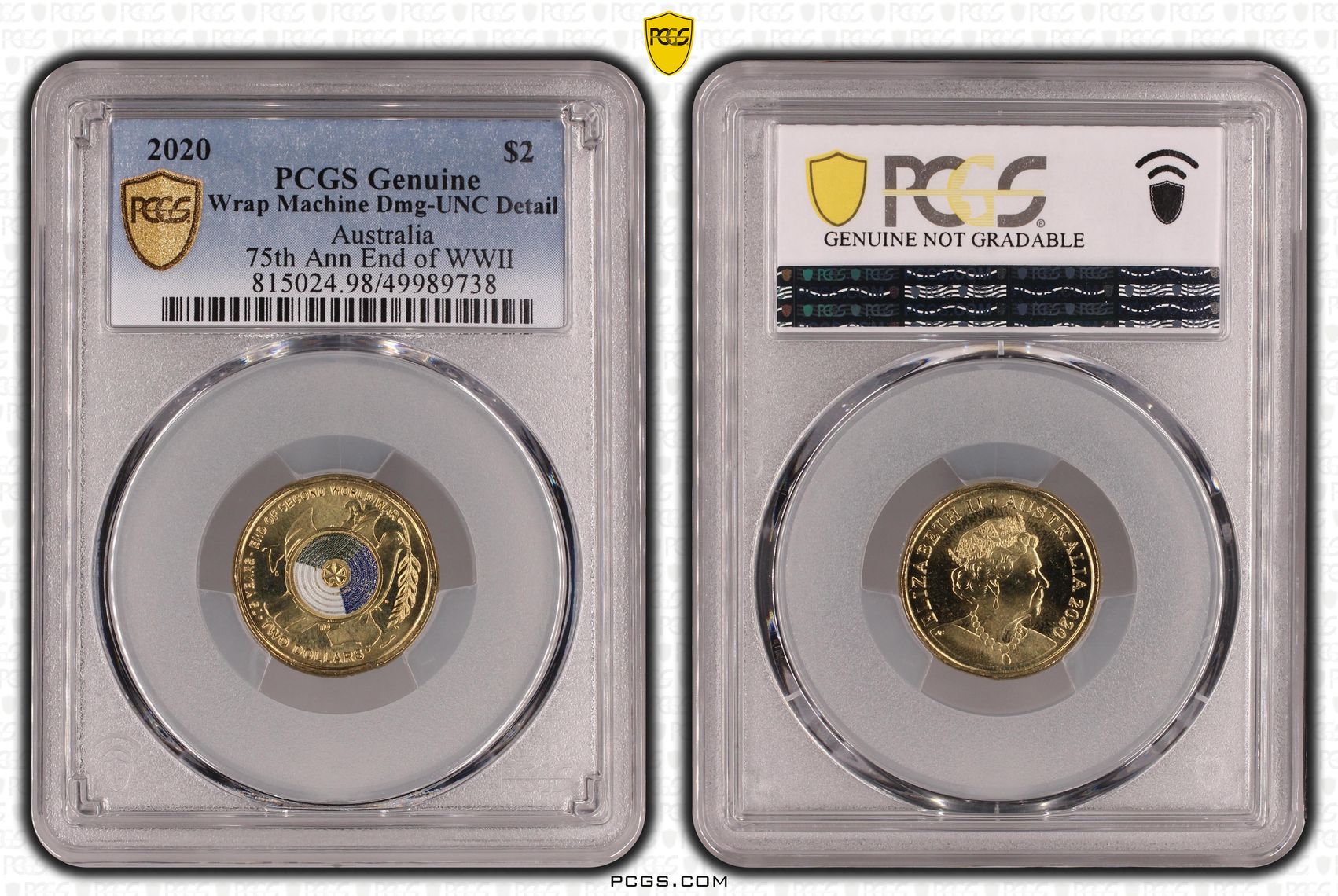 75th Ann End of WWII Colourised, Two Dollar, 2020, PCGS Genuine - UNC Details (98 - Damage)