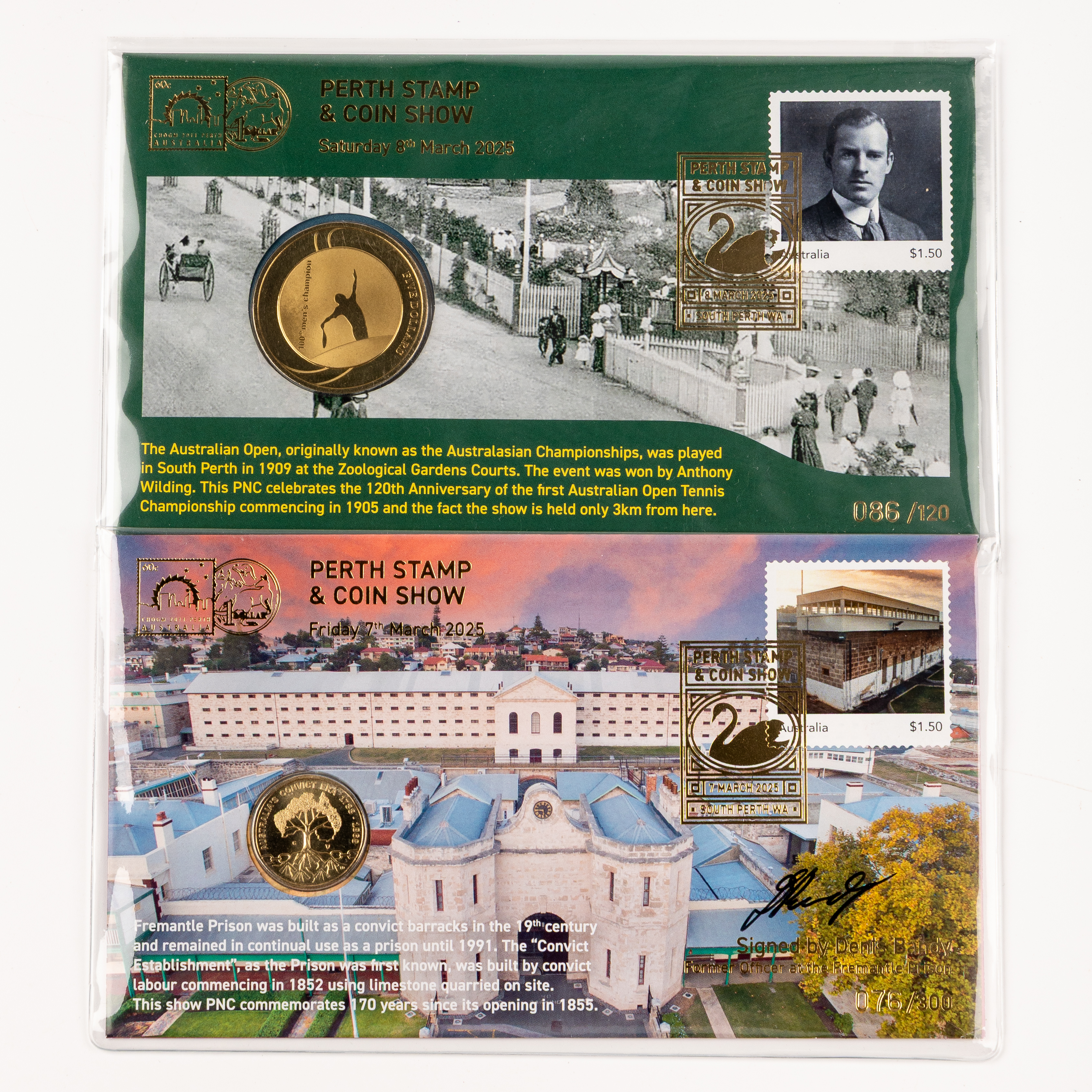 Elizabeth II, Perth Stamp & Coin Show - Fremantle Prison & Australian Open, One Dollar - Five Dollars, 2025, UNC
