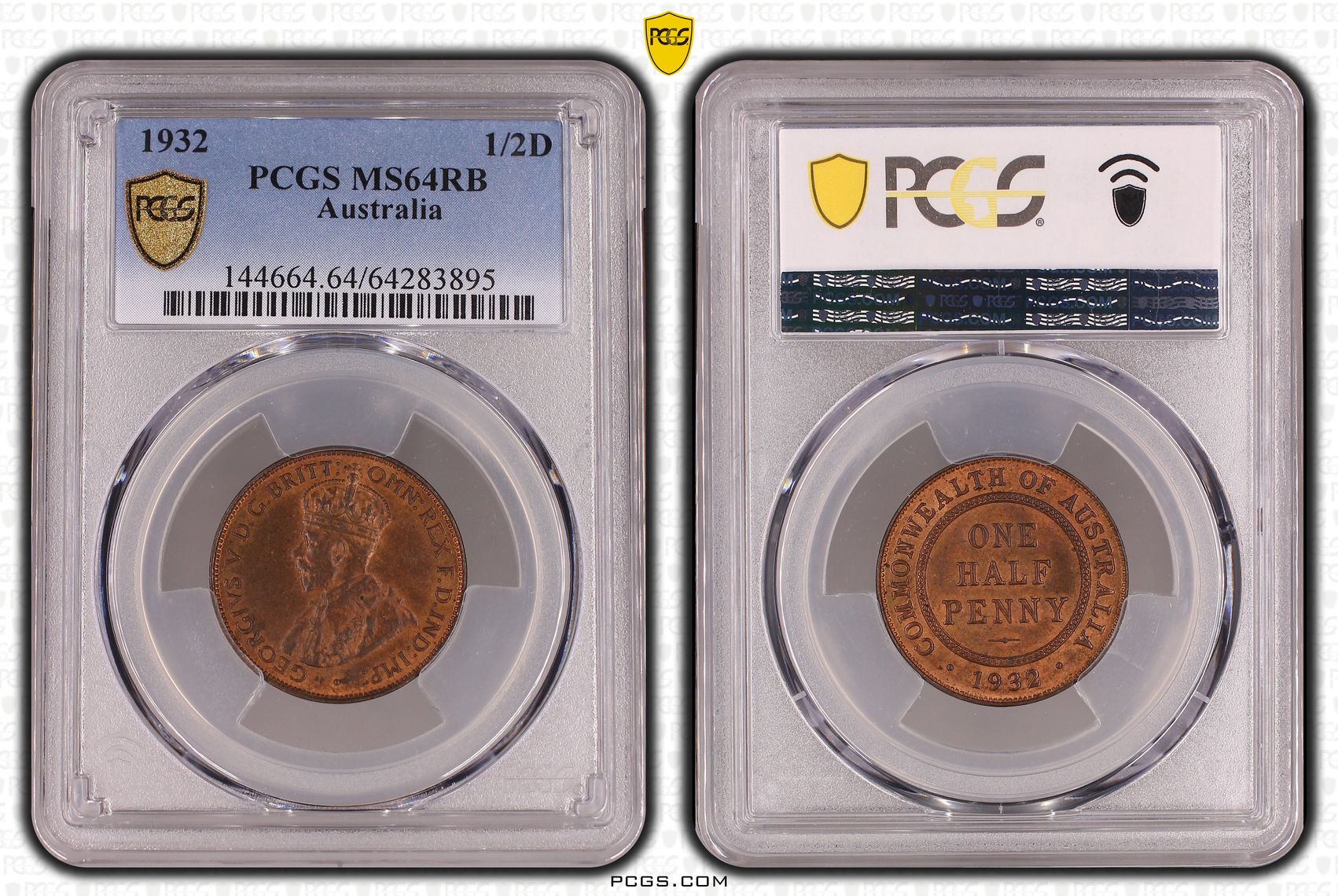 George V, Halfpenny, 1932, PCGS MS64RB
