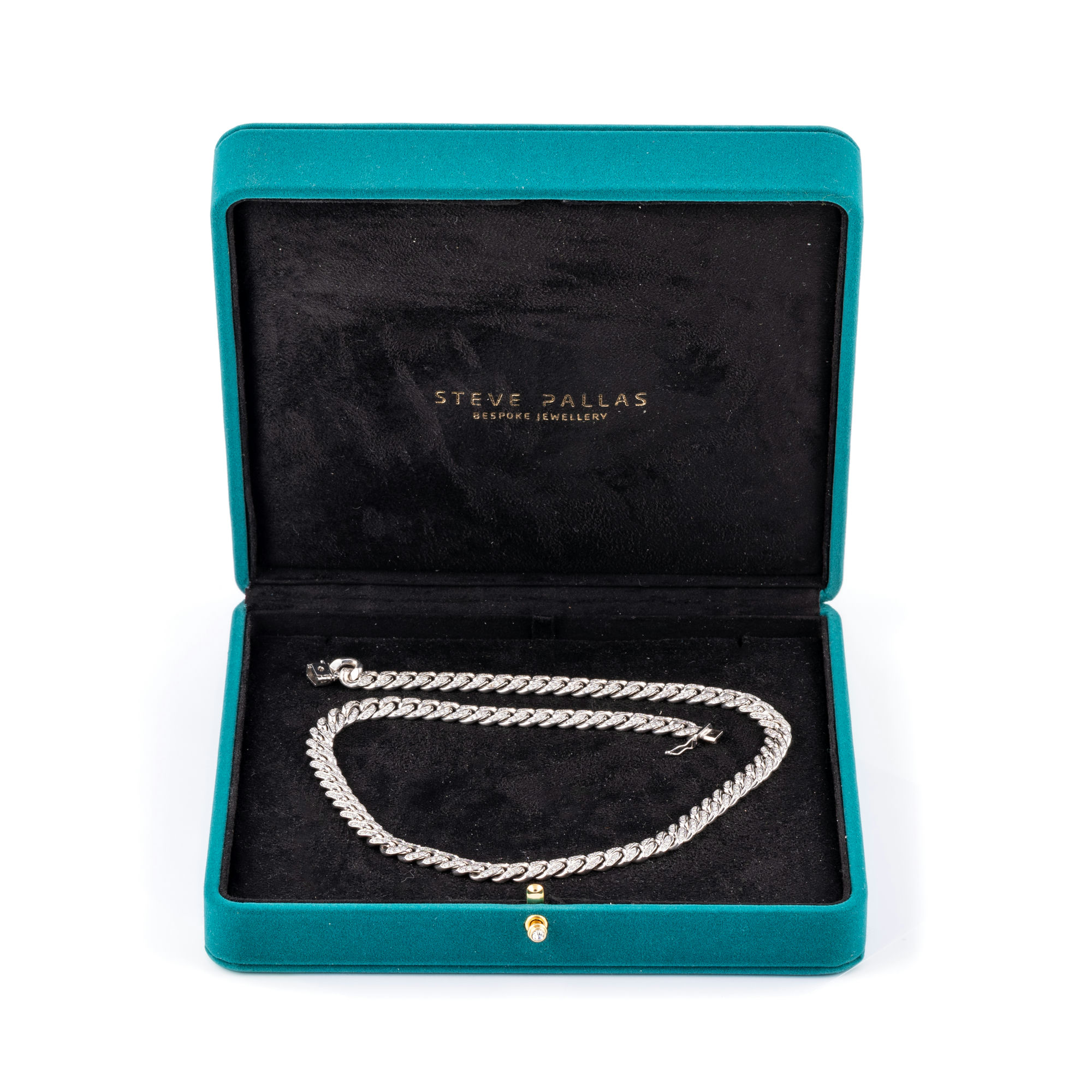 Cuban Diamond Set 18K White Gold Flat Curb-Link Chain,