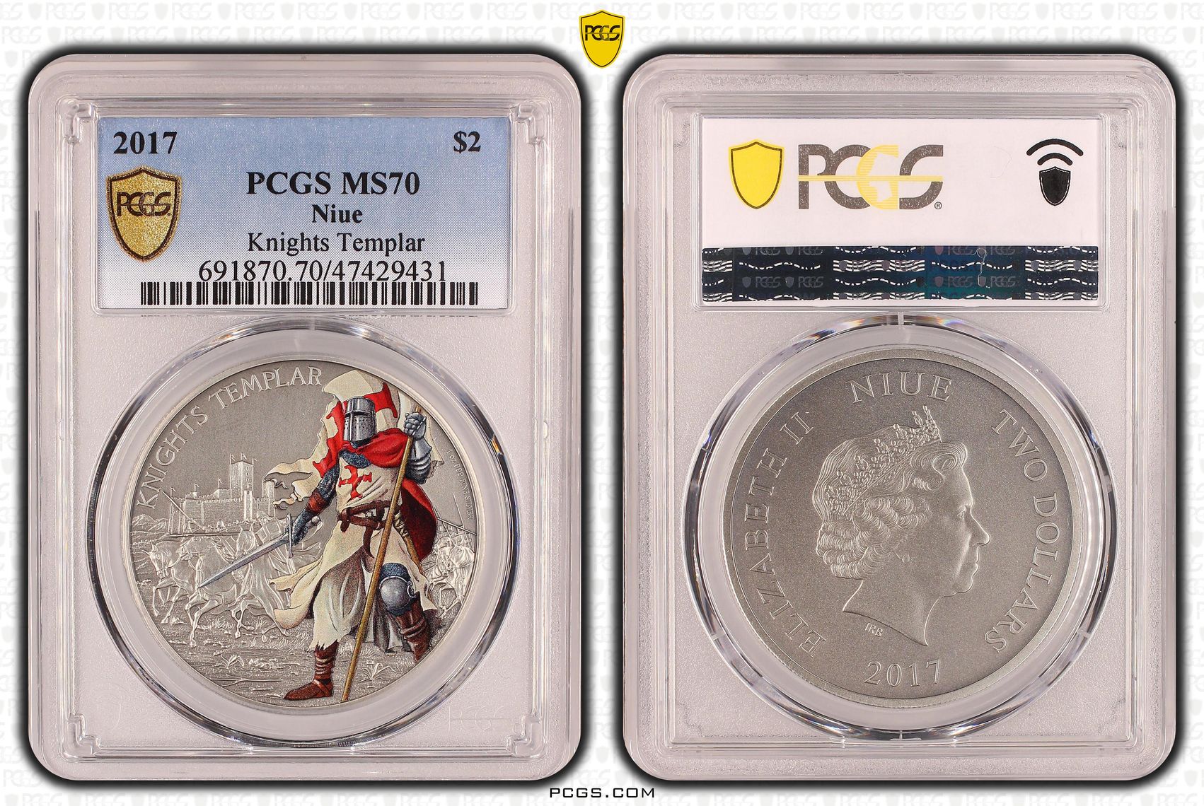 Niue, Knights Templar, POP 2/0, Two Dollar, 2017, PCGS MS70