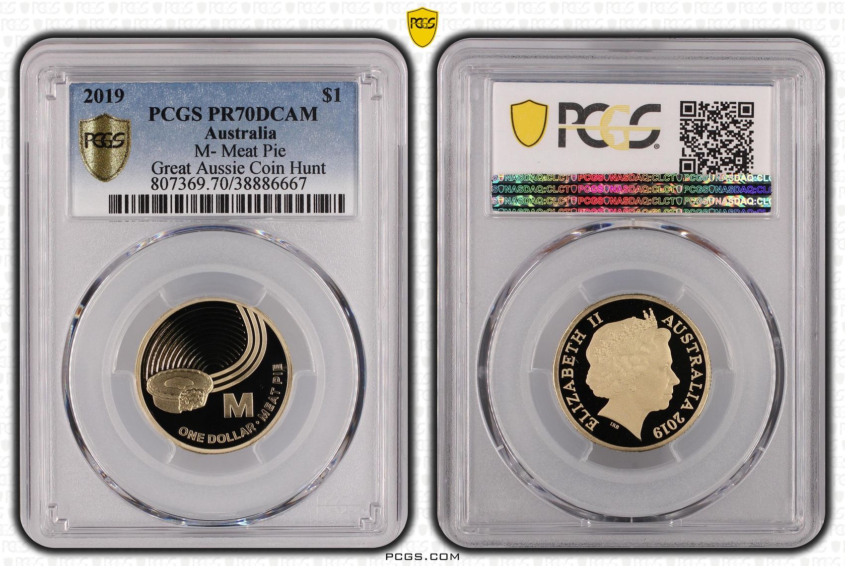 M- Meat Pie Great Aussie Coin Hunt, POP 8/0, One Dollar, 2019, PCGS PR70DCAM