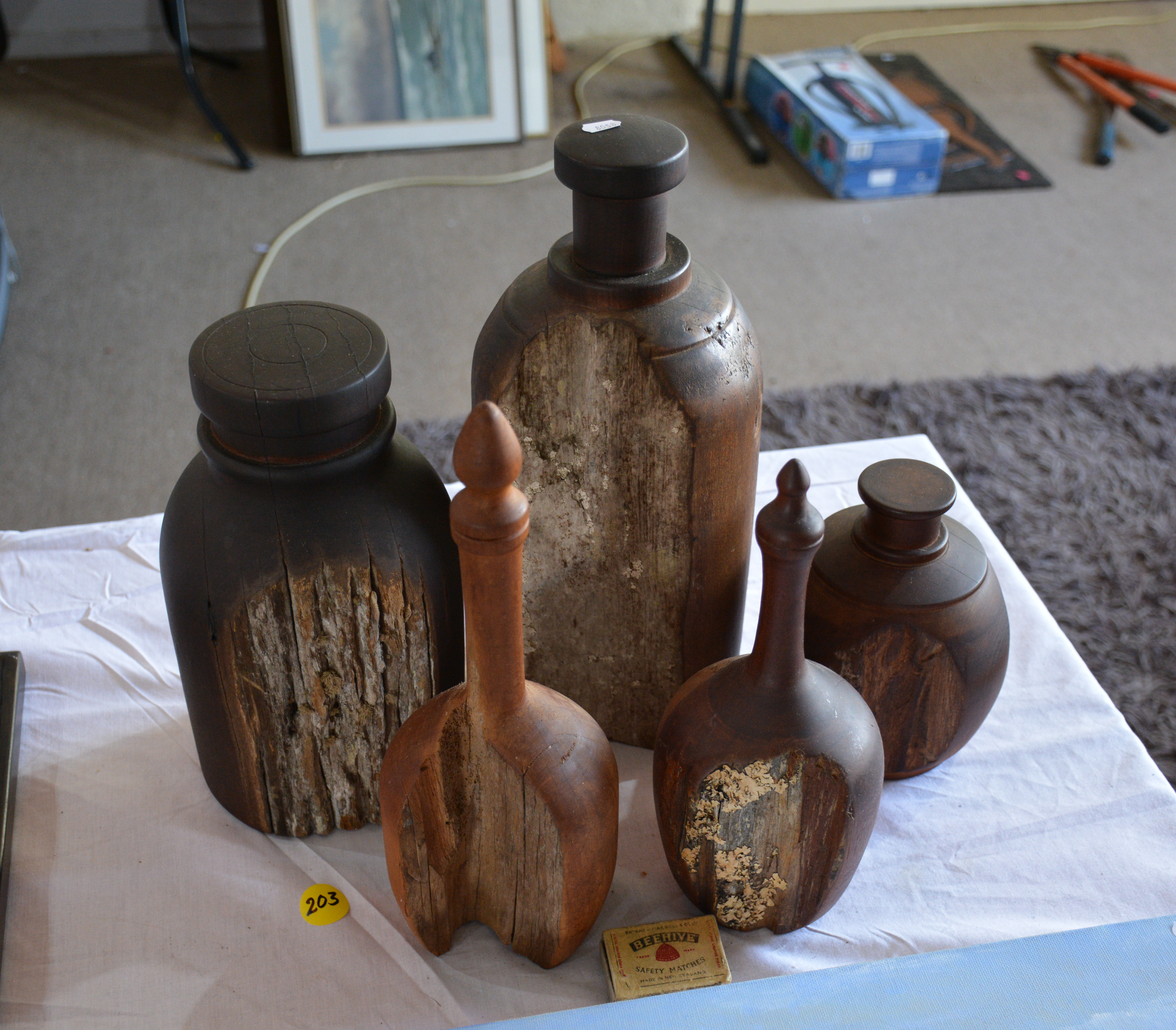 Wood Carved Decorative Bottles x 5 — NZ auction result
