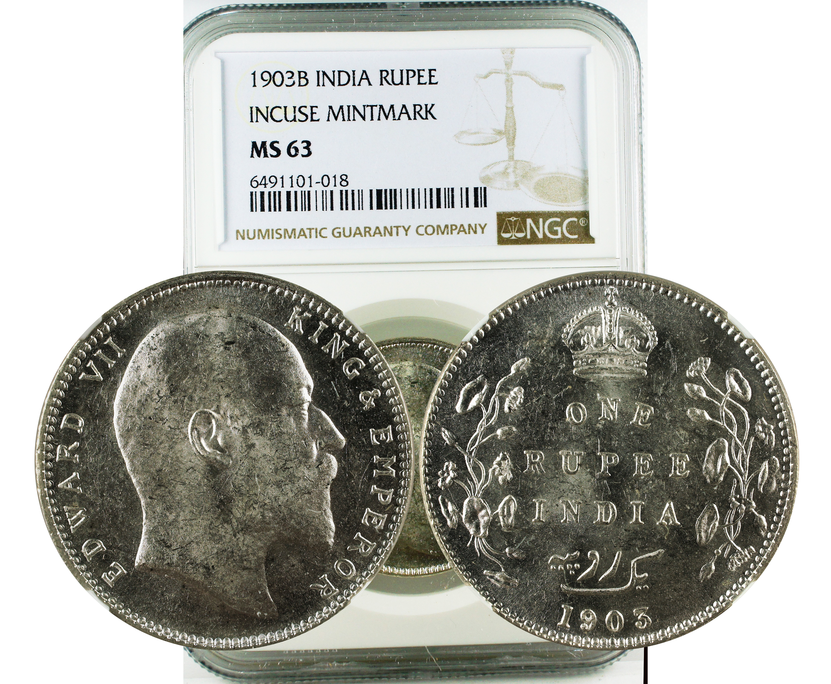 1903B INDIA INCUSE MINTMARK RUPEE MS 63