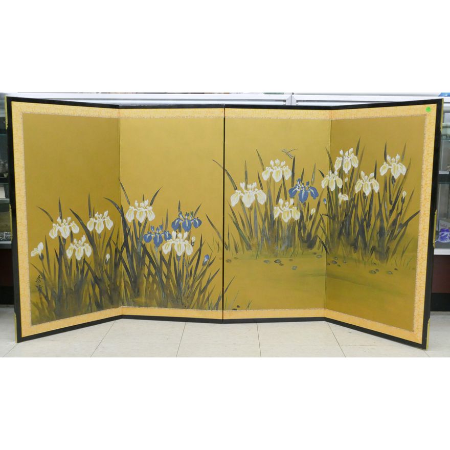 Vintage Japanese Gold Iris Flowers Painted Haning Screen 36''x70''