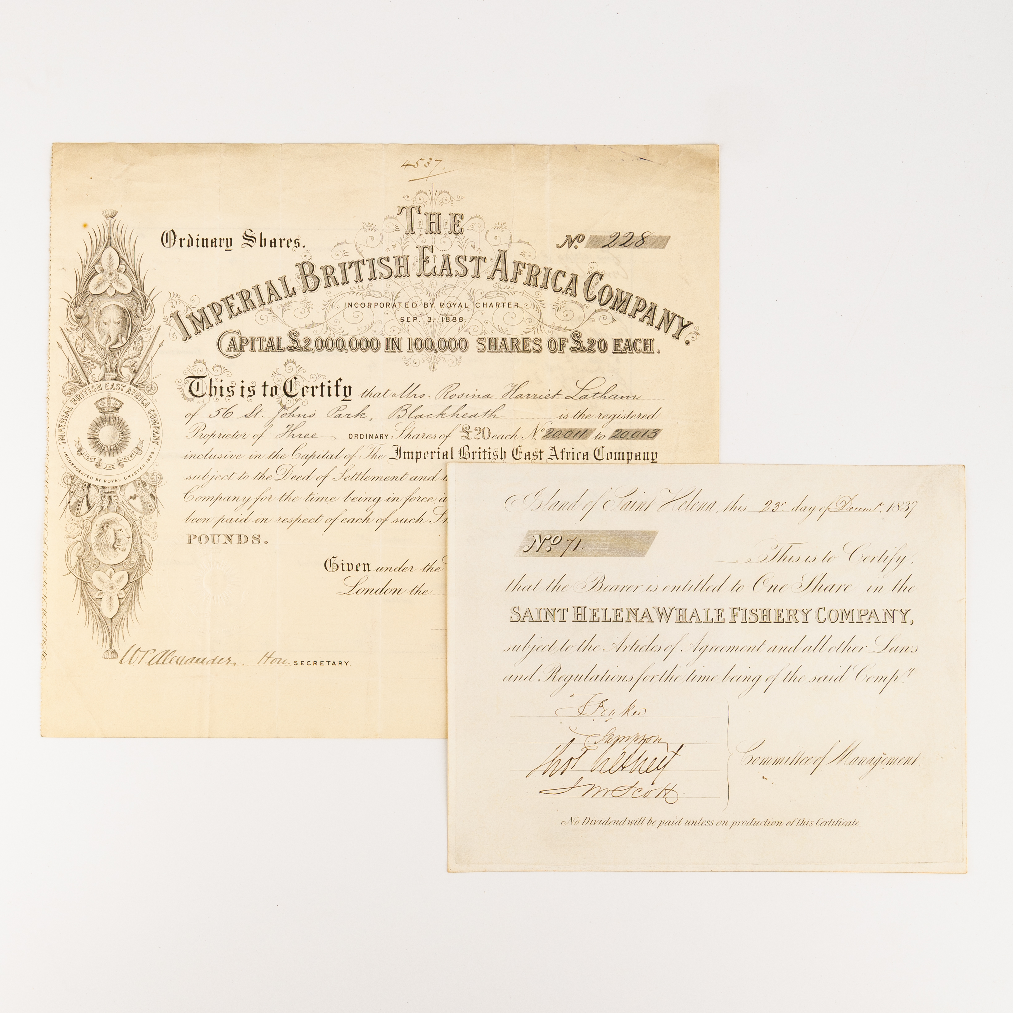 British East Africa Company & Saint Helena Whale Fishery Company, 1837 - 1889, VF - EF