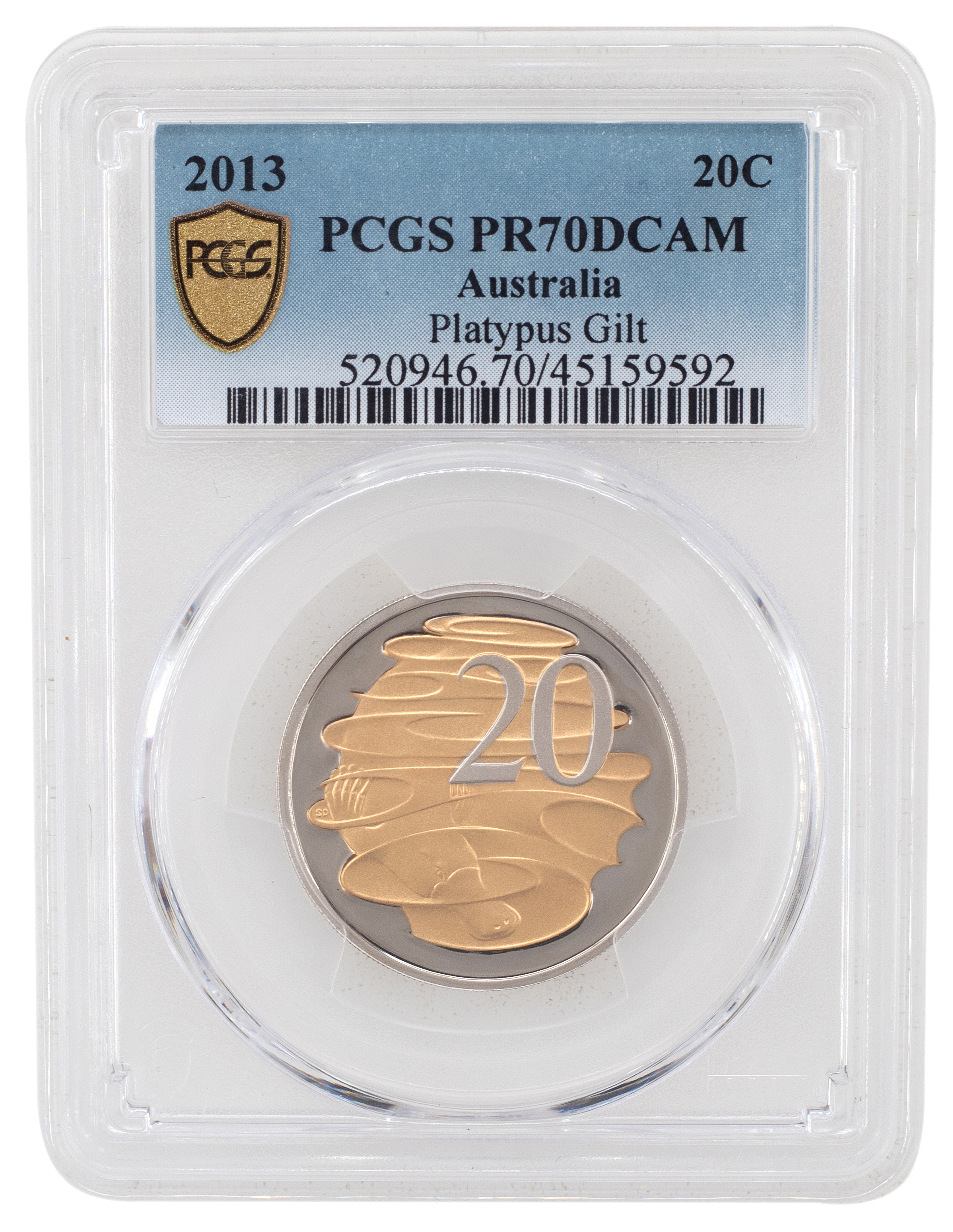 2013 Australia Twenty Cent, 20c Playtpus Gilt PCGS - PR70DCAM POP 33/0 -592