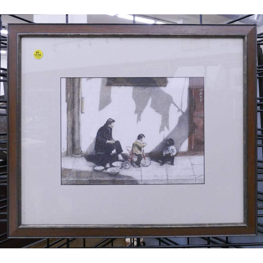M. Stark Chinese Children Ink on Paper Drawing Framed- 17x20''
