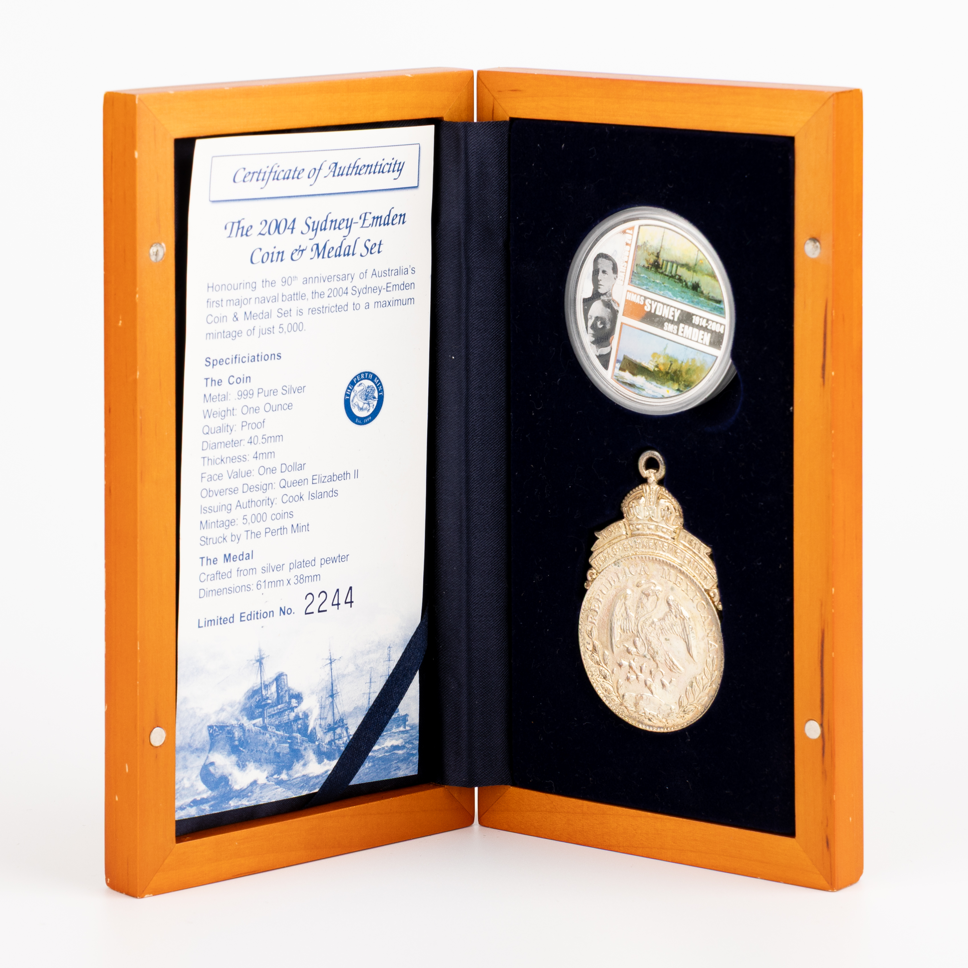 Cook Islands, Elizabeth II, HMAS Sydney / SMS Emden Coin & Medal Set, One Dollar, 2004, FDC