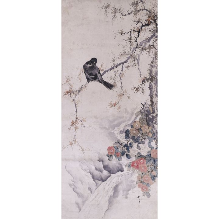 Shuki Okamoto ''Black Bird with Flowers'' Scroll Painting