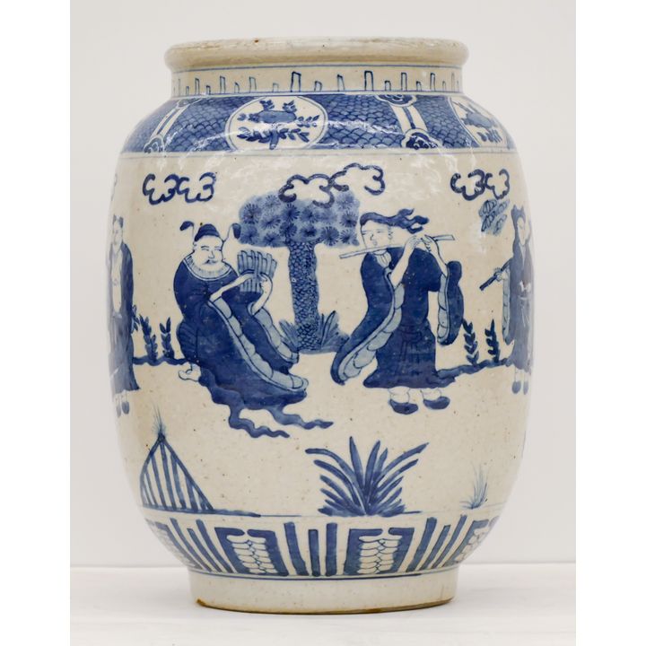 Old Asian Blue and White Porcelain Jar 11'' - Two hairline cracks on side