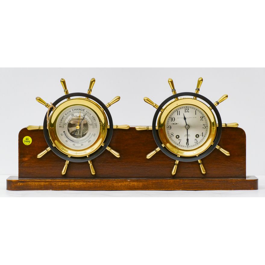 Vintage Brass Chelsea Holosteric Barometer & Ships Bell Clock