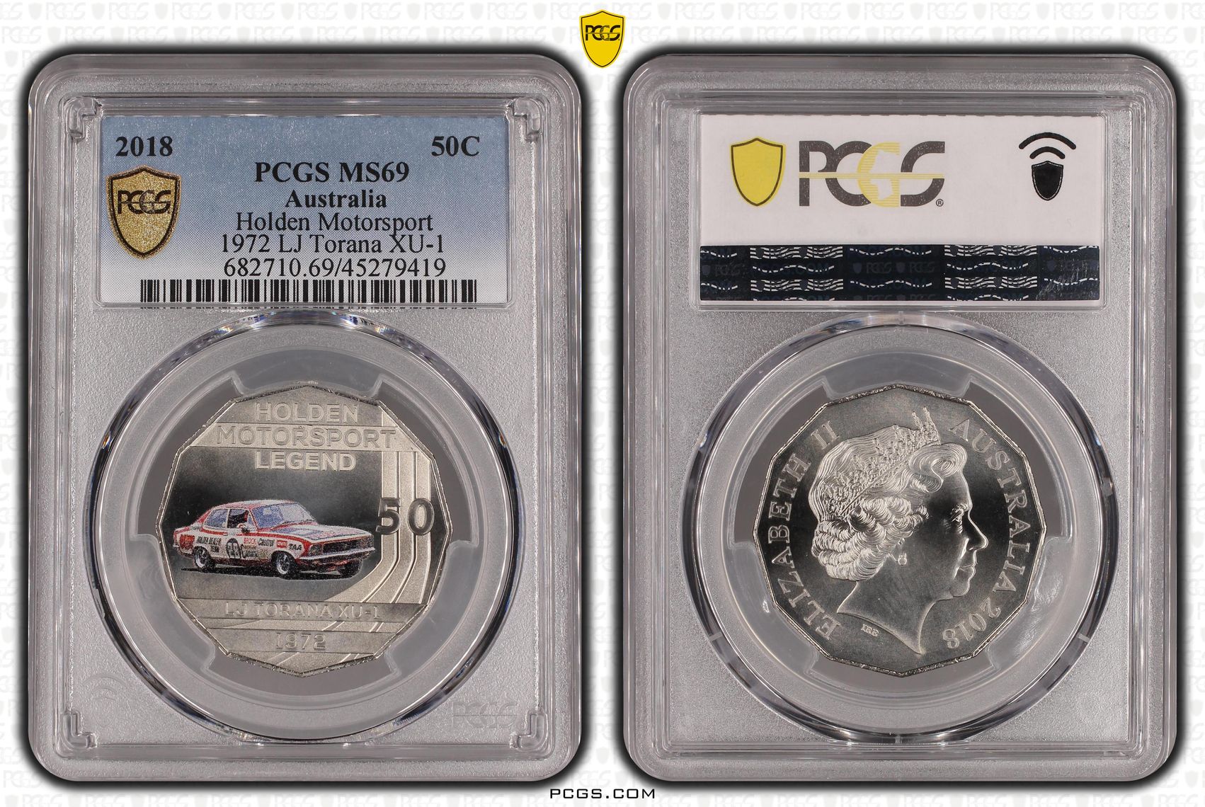 2018 Australia Fifty Cent, 50c Holden Motorsport - 1972 LJ Torana XU-1 PCGS - MS69 -419