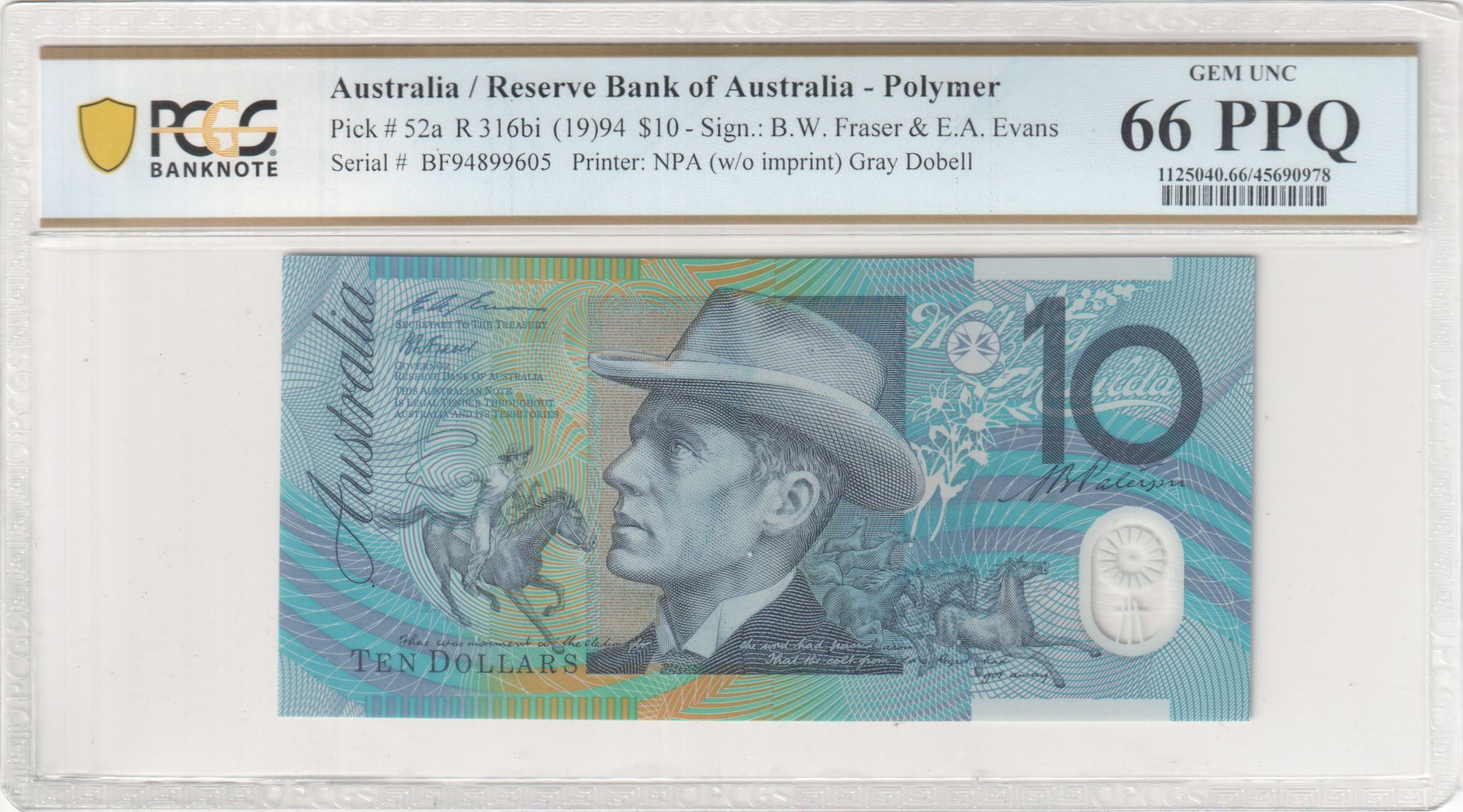 Fraser/Evans, Gray Dobell, Ten Dollar, 1994, PCGS Gem UNC 66 PPQ