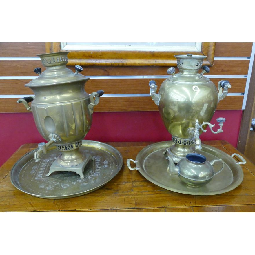 2pc Antique Russian Brass Samovars with Trays- 15x15'' approx- some damage