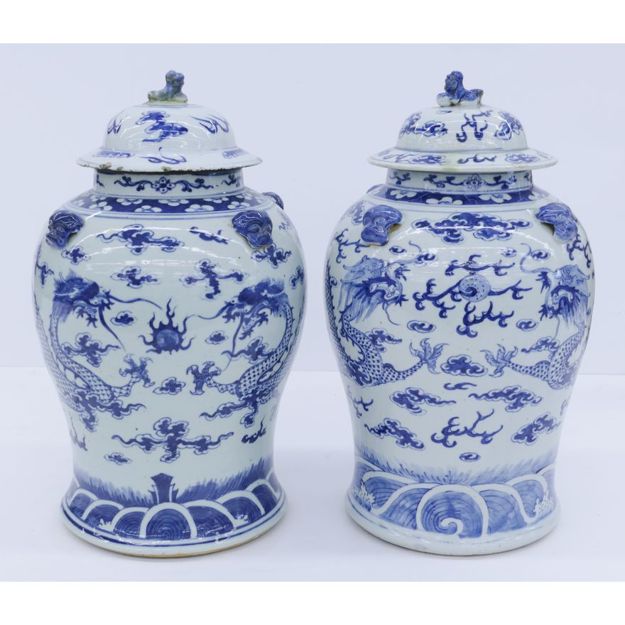 2pc Chinese Qing Blue and White Dragon Jars