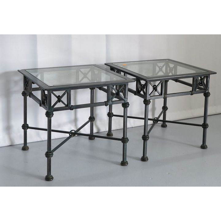PAIR OF GLASS TOP STEEL SIDE TABLES