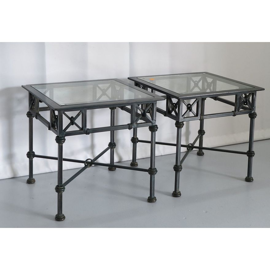 PAIR OF GLASS TOP STEEL SIDE TABLES