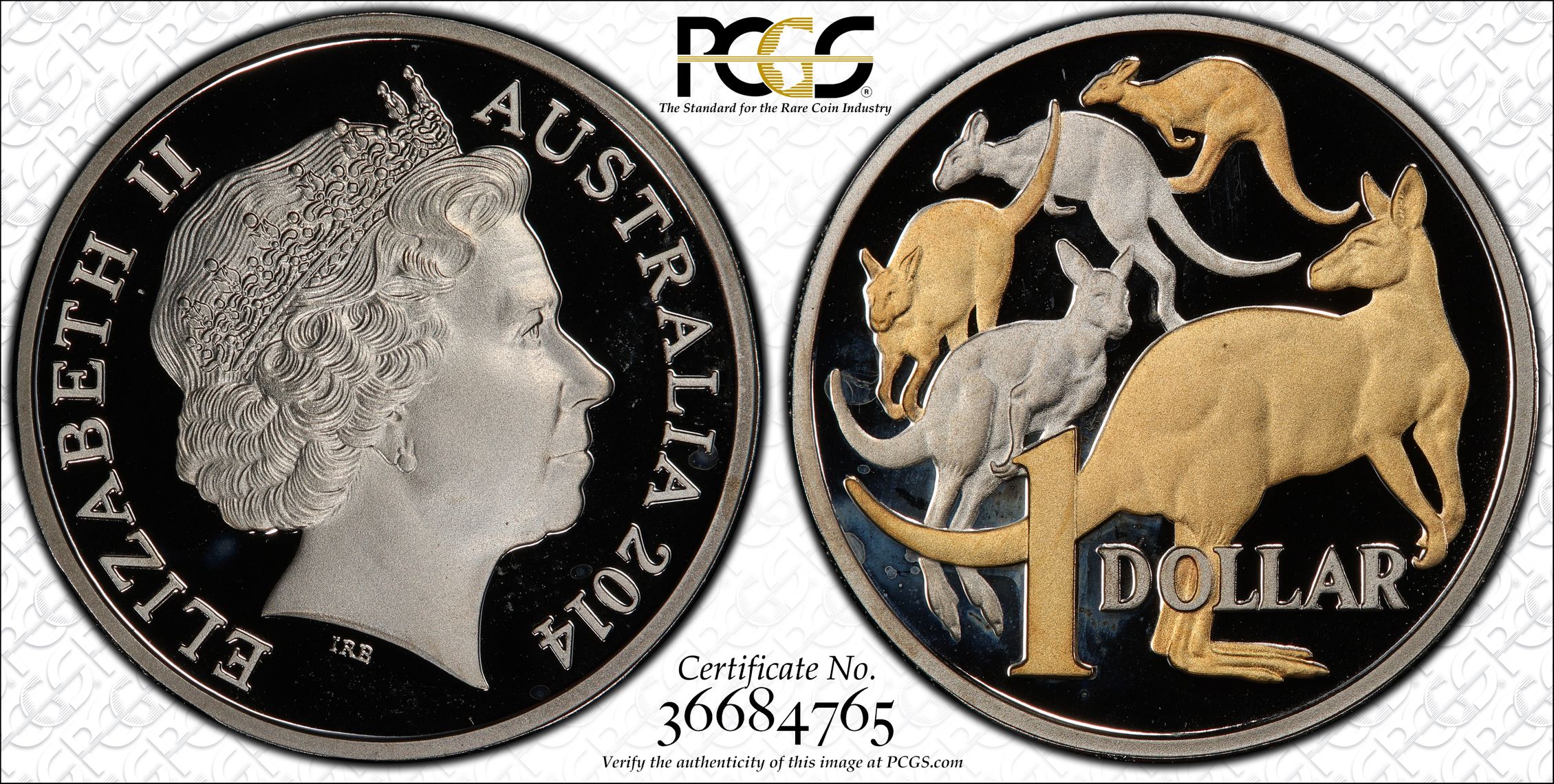 2014 Australia One Dollar, $1 Proof Mob of Roos Gold Plated CuNi PCGS - PR67DCAM -765