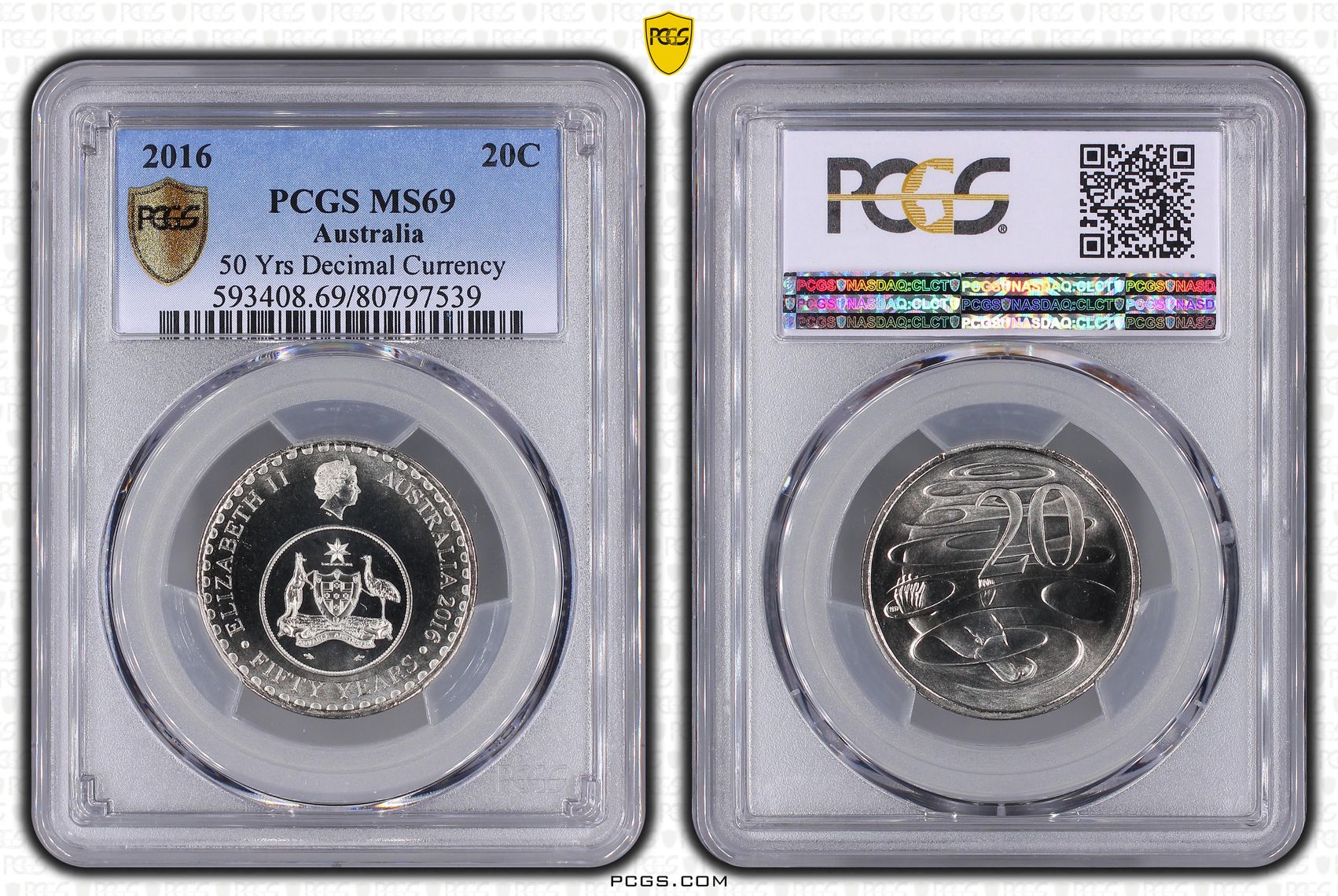 309 · 50 Yrs Decimal Currency, Twenty Cent, 2016, PCGS MS69