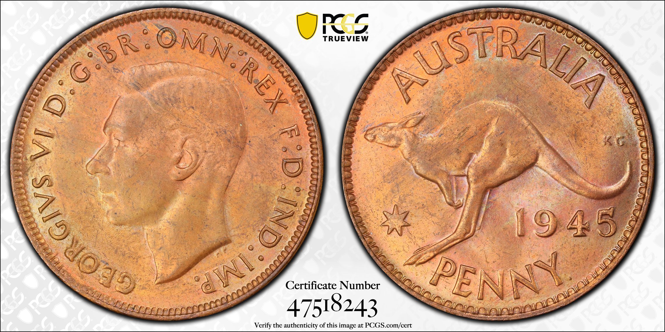 One Penny, 1945-Y., PCGS MS 64RB POP Report 5/0
