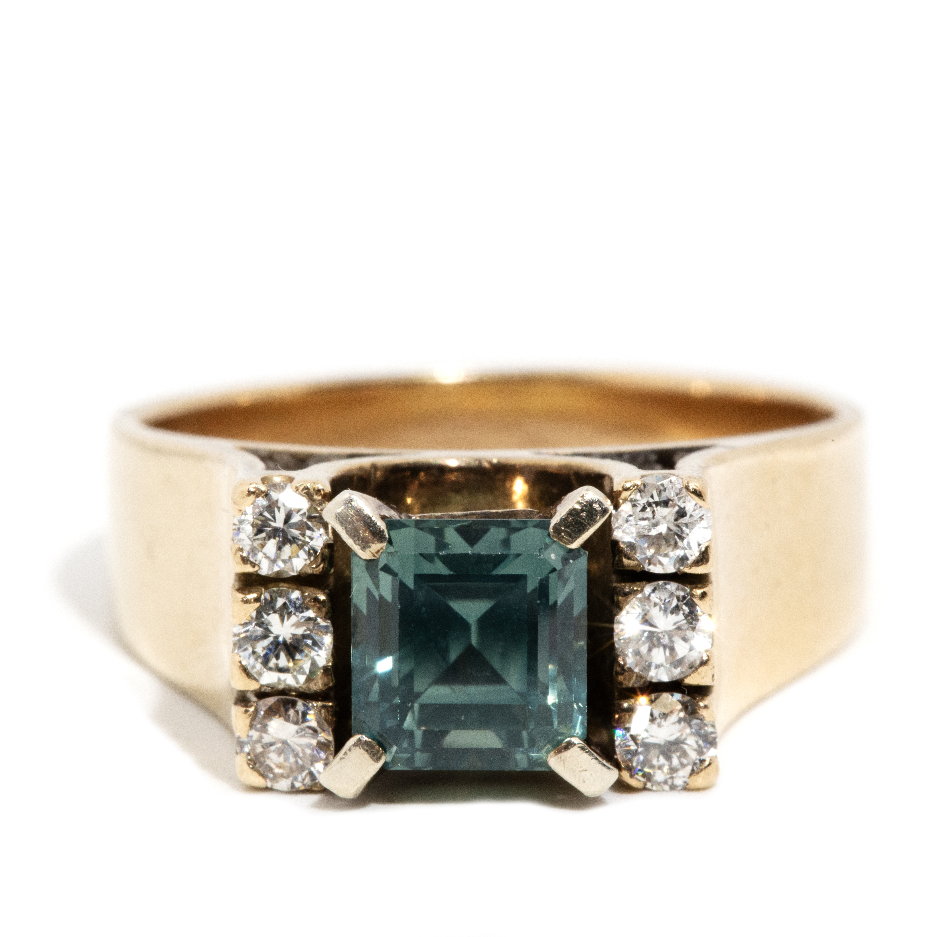 Vintage Bluish Green Sapphire & Diamond 9ct Gold Ring