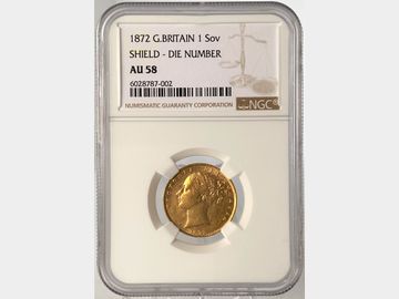 1872 VICTORIA YOUNG HEAD #DIE 90 SHIELD GOLD SOVEREIGN AU58