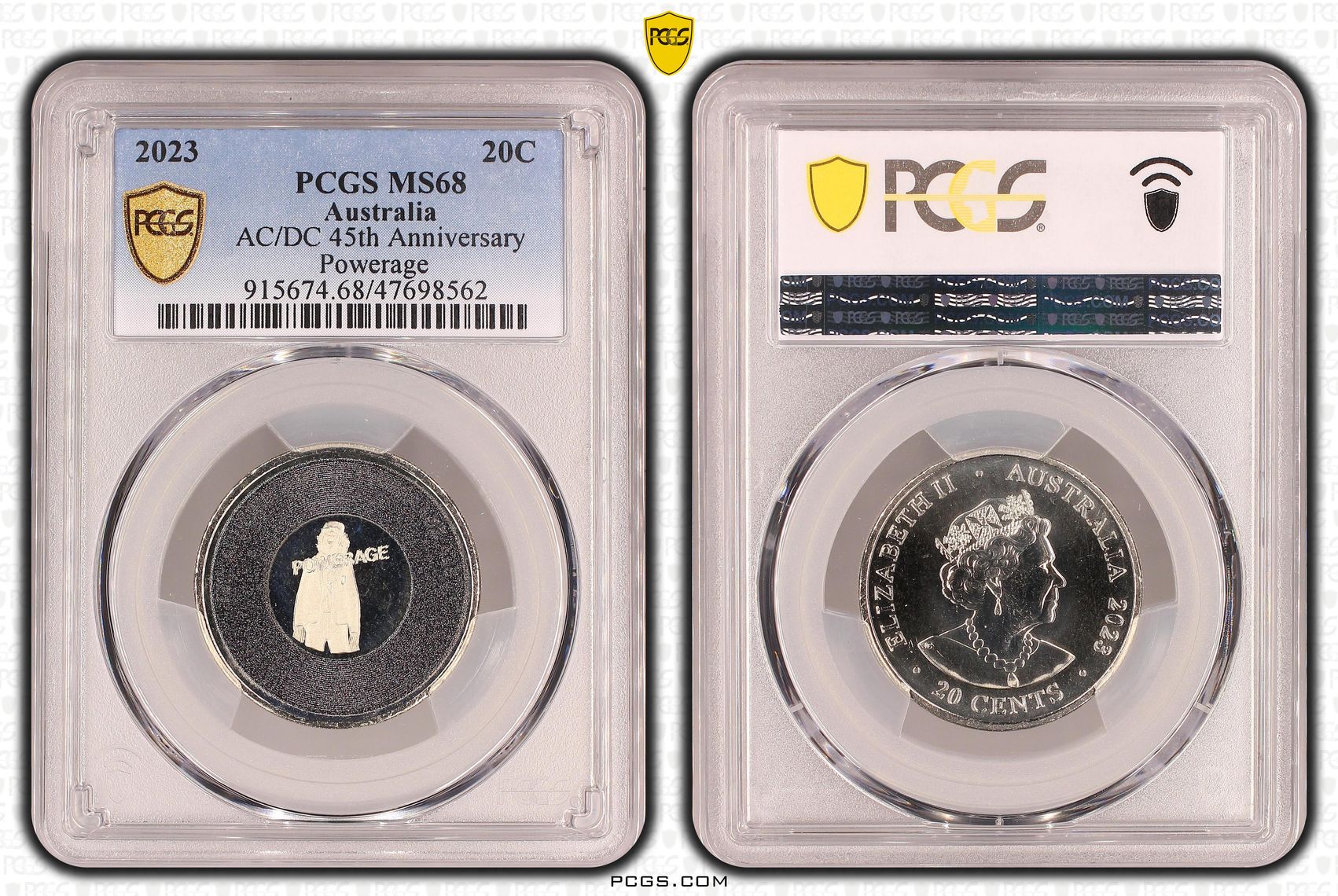 Elizabeth II, AC/DC 45th Anniversary - Powerage, Twenty Cent, 2023, PCGS MS68