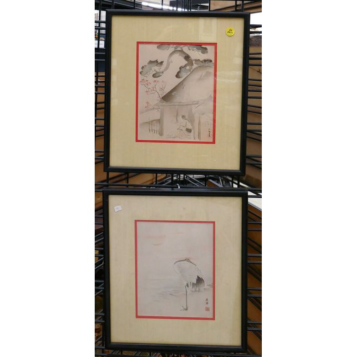 2pc Japanese Black & Red Woodblock Prints Framed- 14x12'' each